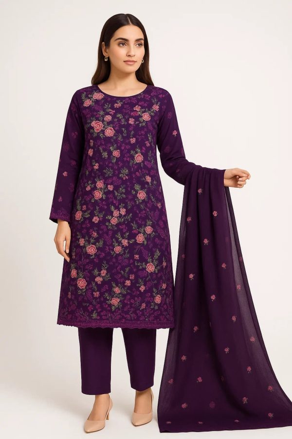 Lawn Embroidered 3pc Suit With Embroidered Chiffon Dupatta. Lawn-25-0017