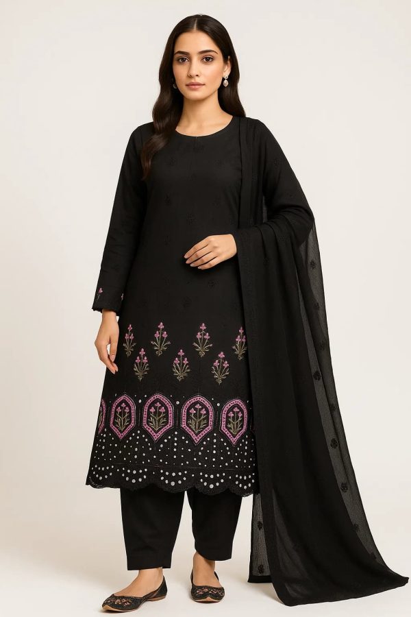 Lawn Embroidered 3pc Suit With Chiffon Dupatta. Lawn - 25 - 0012