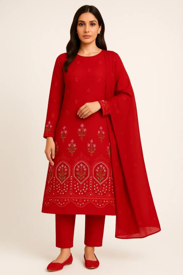 Lawn Embroidered 3pc Suit With Embroidered Chiffon Dupatta. Lawn-25-0013