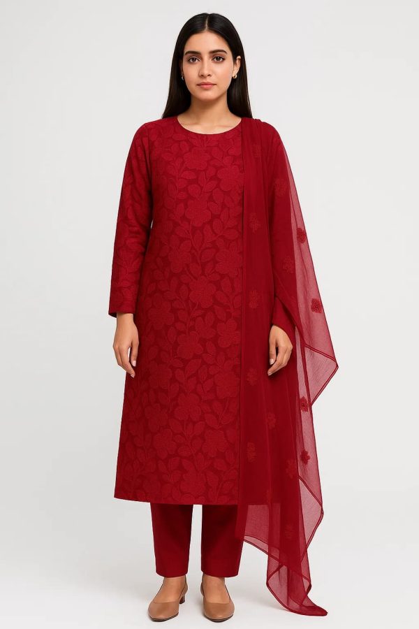 Lawn Embroidered 3pc Suit With Embroidered Chiffon Dupatta. Lawn-25-0027