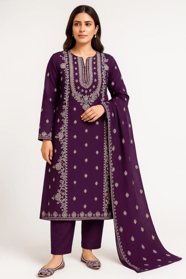 Lawn Embroidered 3pc Suit With Embroidered Chiffon Dupatta. Lawn-25-0029